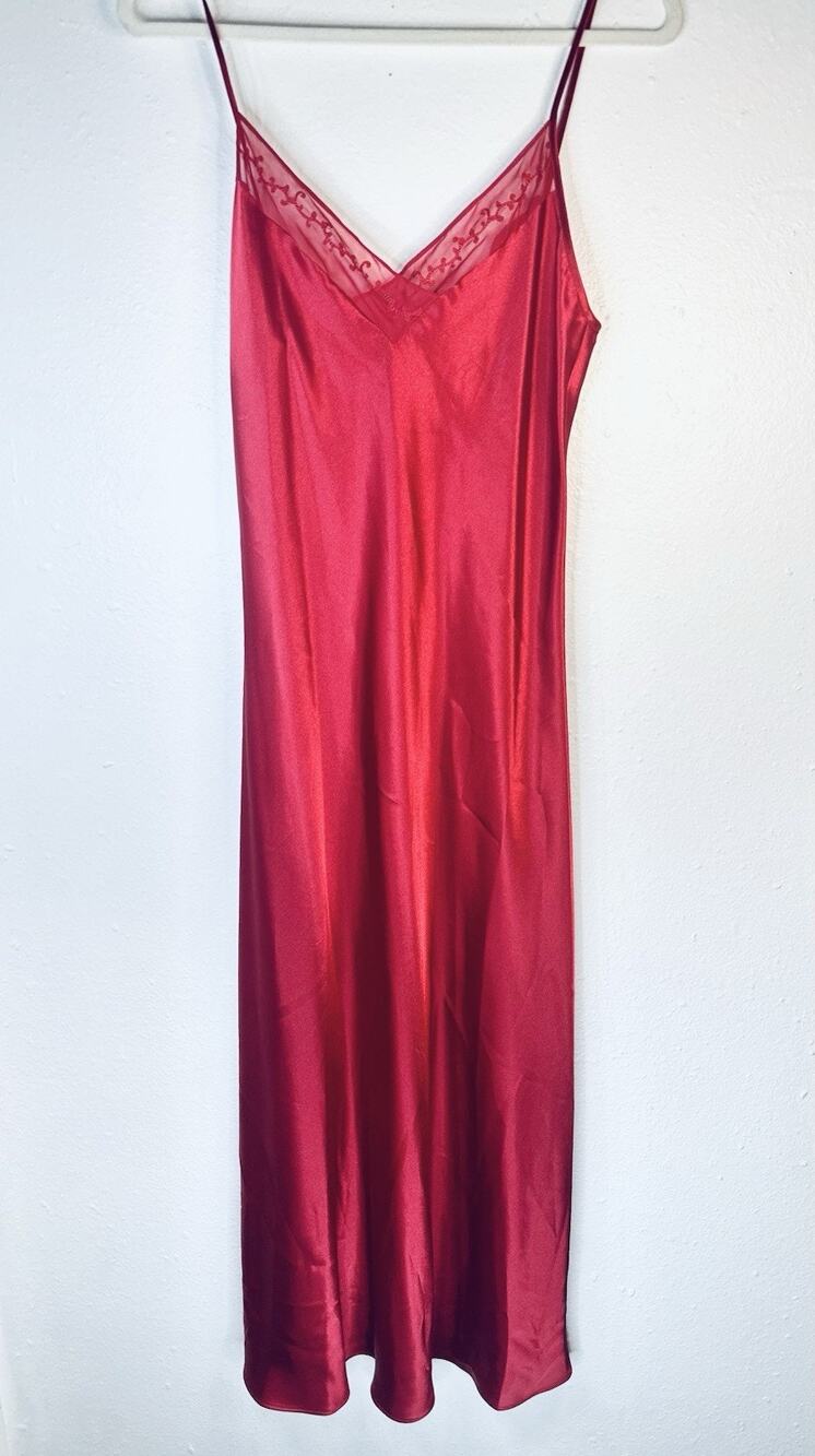 Vtg 90s Silky Red Slip Dress Jones New York Medium Maxi Lingerie Romantic